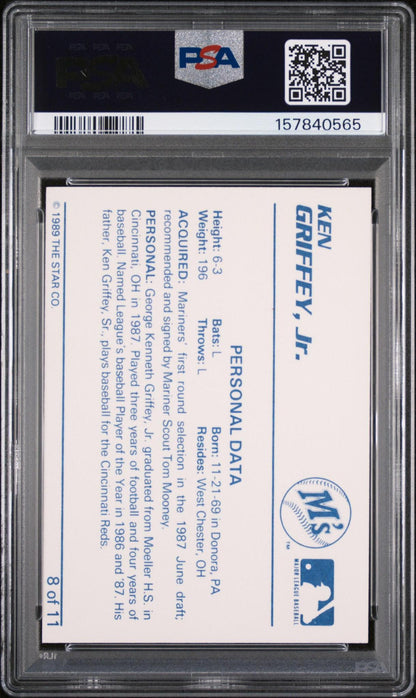 1989 STAR GRIFFEY JR. 8 KEN GRIFFEY JR. PERSONAL DATA-WHITE BACK PSA 10