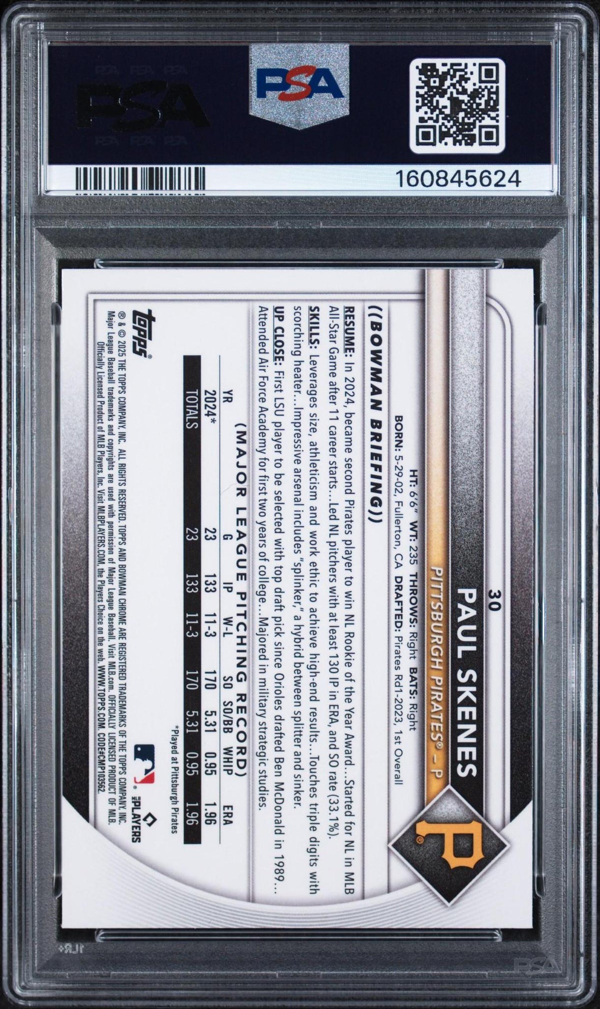 2025 BOWMAN MEGA BOX CHROME 30 PAUL SKENES PINK REFRACTOR PSA 10