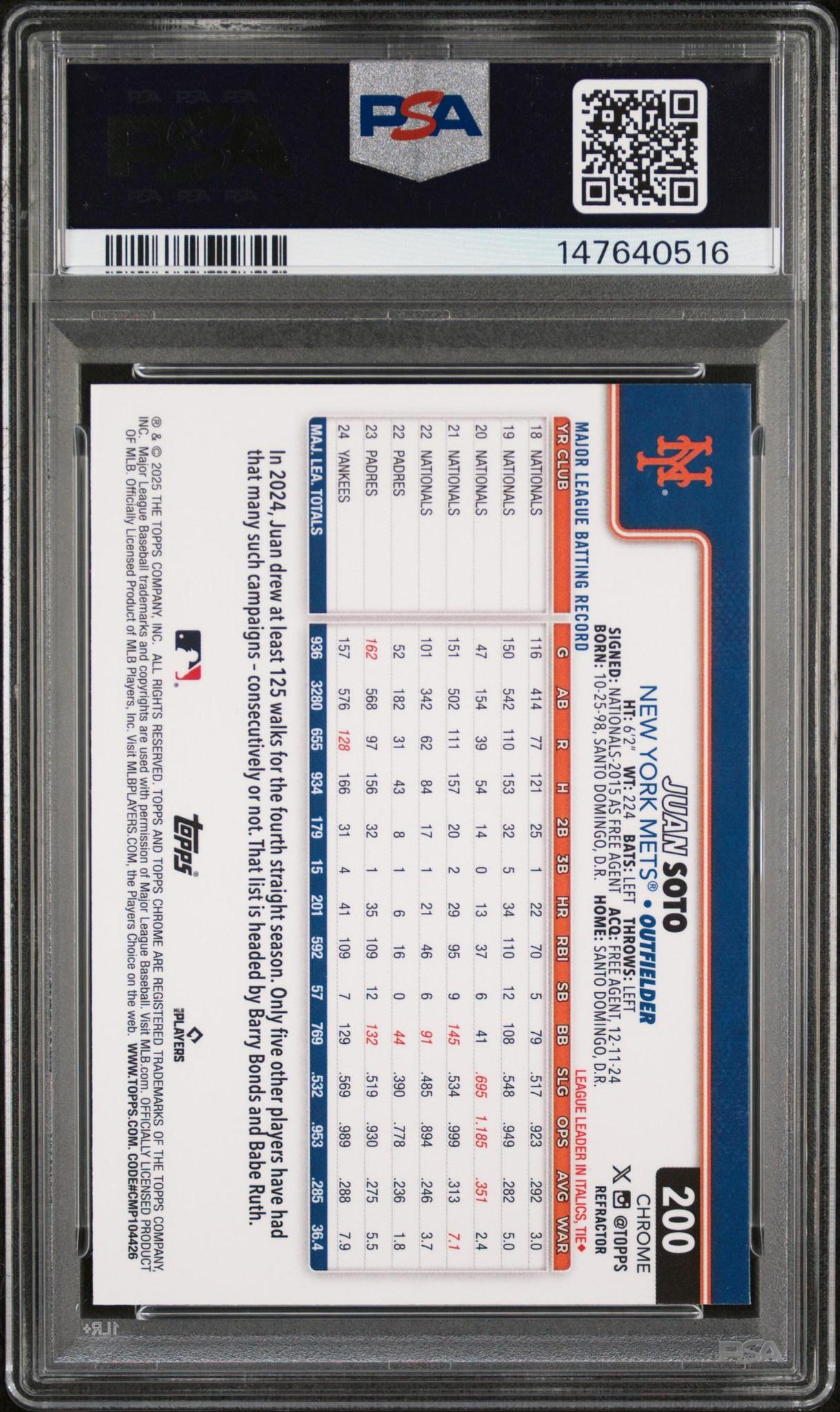2025 Topps Chrome Juan Soto #200 Refractor PSA 10