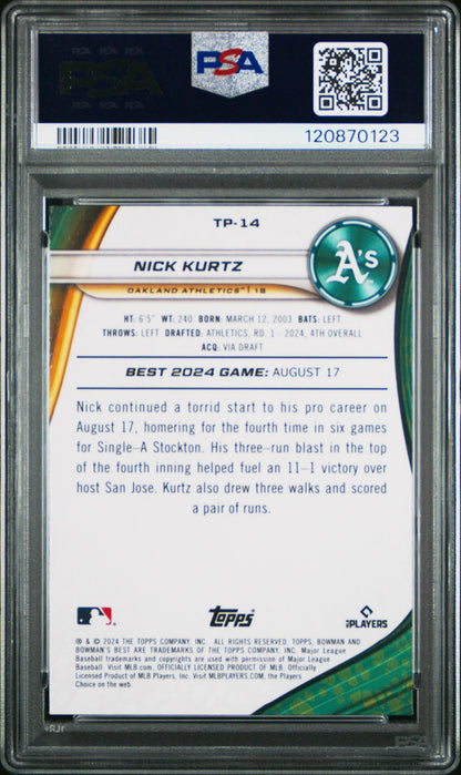 2024 BOWMAN'S BEST TOP PROSPECTS TP14 NICK KURTZ AQUA LAVA PSA 10
