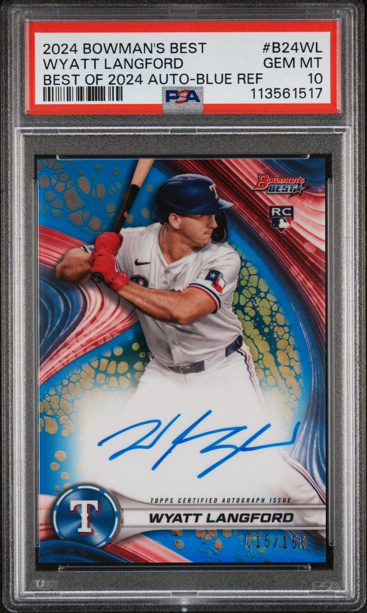 2024 BOWMAN'S BEST BEST OF 2024 AUTOGRAPHS B24WL WYATT LANGFORD BLUE REFRACTOR PSA 10