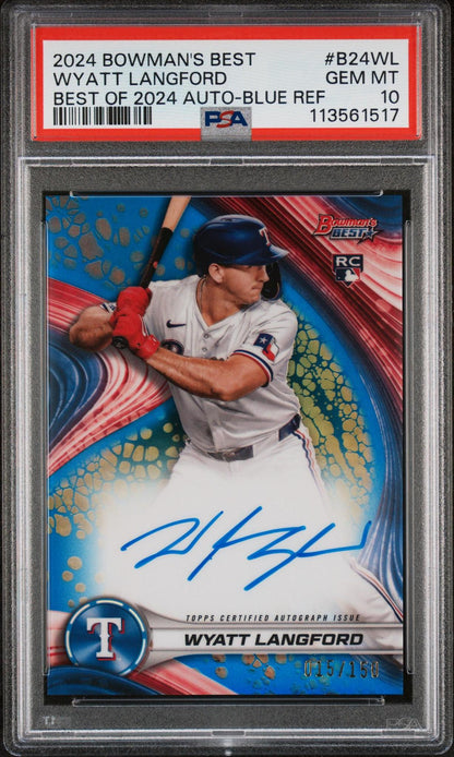 2024 BOWMAN'S BEST BEST OF 2024 AUTOGRAPHS B24WL WYATT LANGFORD BLUE REFRACTOR PSA 10