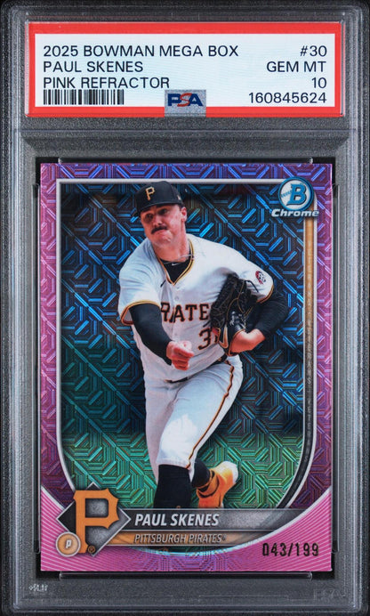 2025 BOWMAN MEGA BOX CHROME 30 PAUL SKENES PINK REFRACTOR PSA 10
