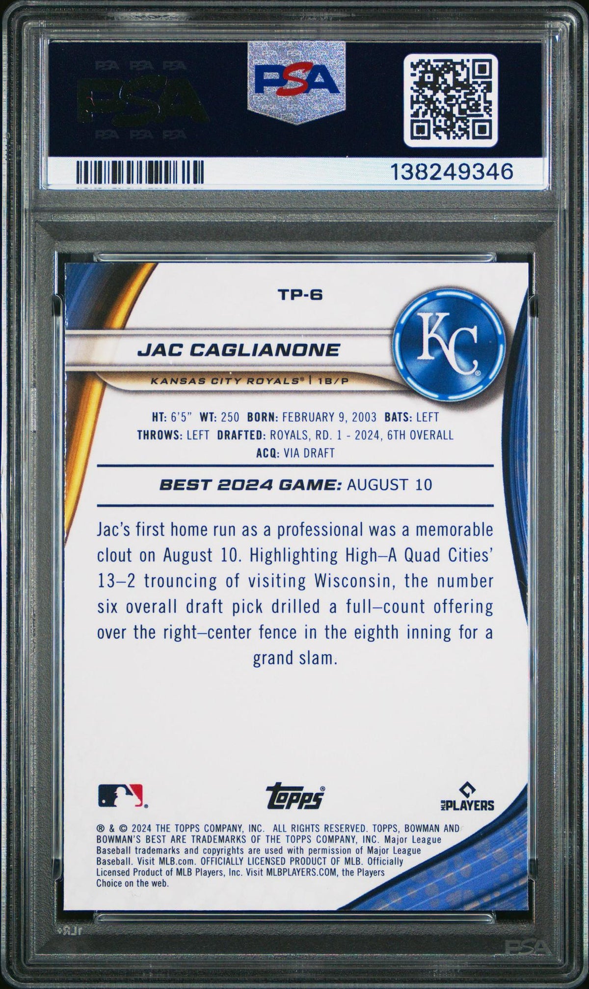 2024 BOWMAN'S BEST TOP PROSPECTS TP6 JAC CAGLIANONE PSA 10