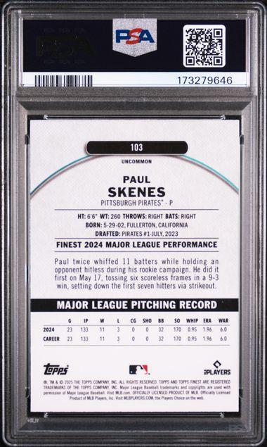 2025 TOPPS FINEST 103 PAUL SKENES SKY BLUE REFRACTOR PSA 10